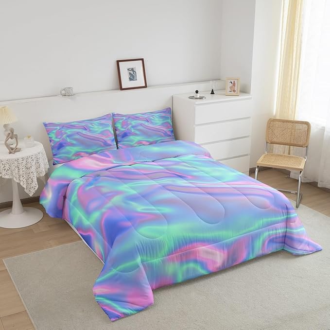 Ombre Queen Comforter Set, Colorful Tie Dye Bedding Sets for Girls, Watercolor Gradient Kids Bedding, Dreamy Green Purple Duvet Insert, Luxury Soft Lightweight Rainbow Comforters & Sets, 3 Pieces
