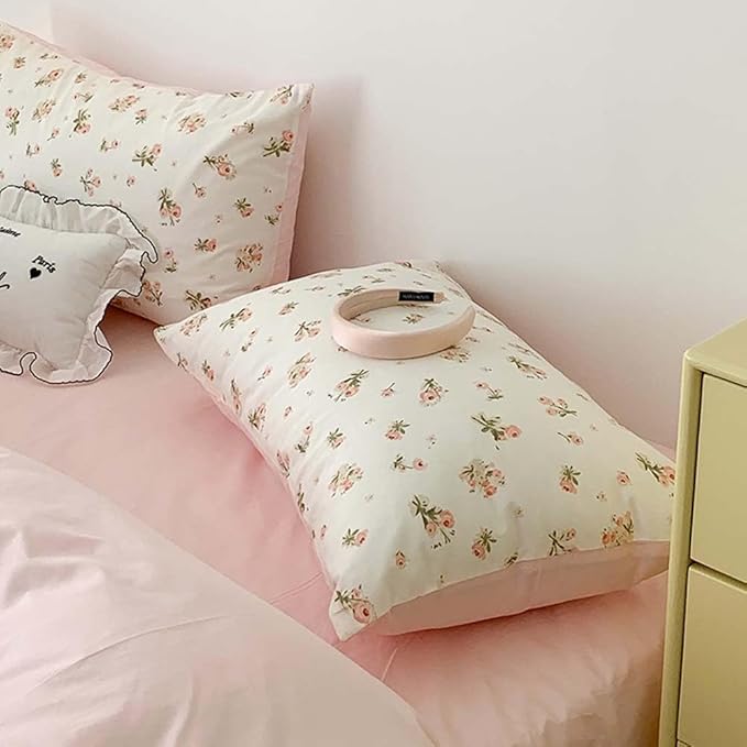 Nayoroom Pink Floral Duvet Cover Queen Size Reversible Green Botanical Leaf Printed on White Spring Comforter Cover 3Pcs Soft Microfiber Aesthetic Cottagecore Bedding Set Gift for Women Girls