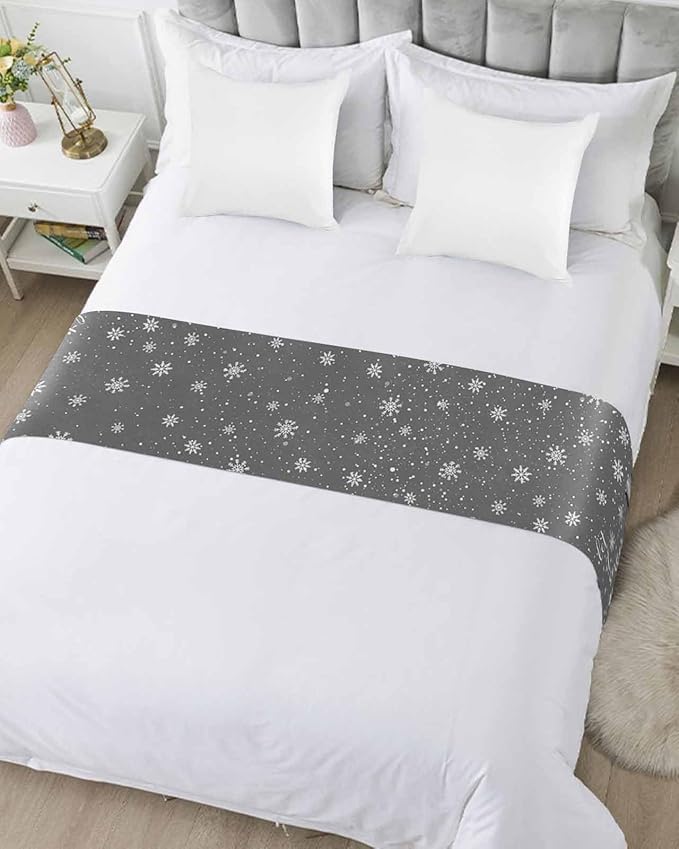 Christmas Snowman Winter Snowflakes Bed Runners for Bedroom Hotel,Decorative Bedding Scarf Gray White Bed End Blanket Bedding Runner Scarves for Twin Size Bed,71x20in
