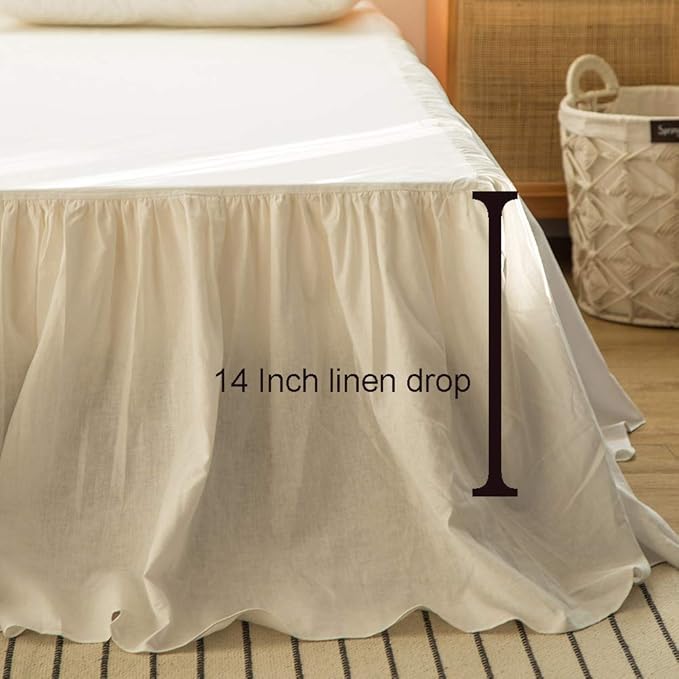 Simple&Opulence Belgian Linen Bed Skirt with Classic 14 inch Tailored Drop Dust Ruffle, Easy Fit Breathable Premium Natural Flax- Pleated White, King