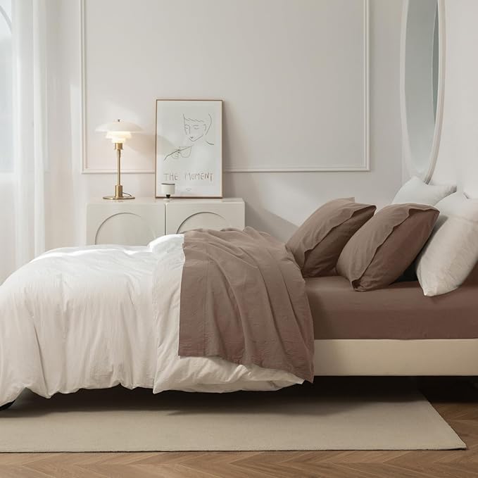 JIYUAN 100% Washed Cotton Sheet Set 4 Pieces Queen,1 Fitted Sheet,1 Flat Sheet and 2 Pillowcases,Comfy and Breathable Linen Like Bedding Set,Light Brown
