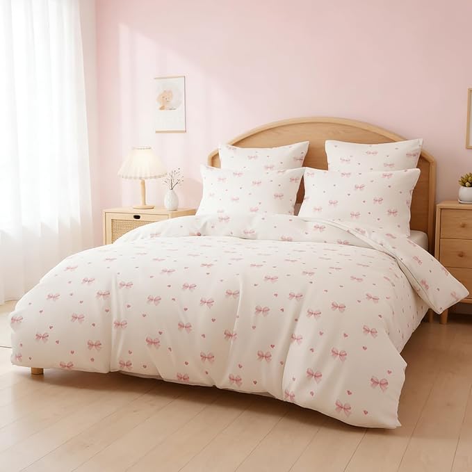 Nayoroom Pink Bow Duvet Cover Queen Size Coquette Pink Heart Duvet Cover 3 Pieces Soft Lightweight Microfiber Kids Girls Cute Aesthetic Dorm Bedding Set