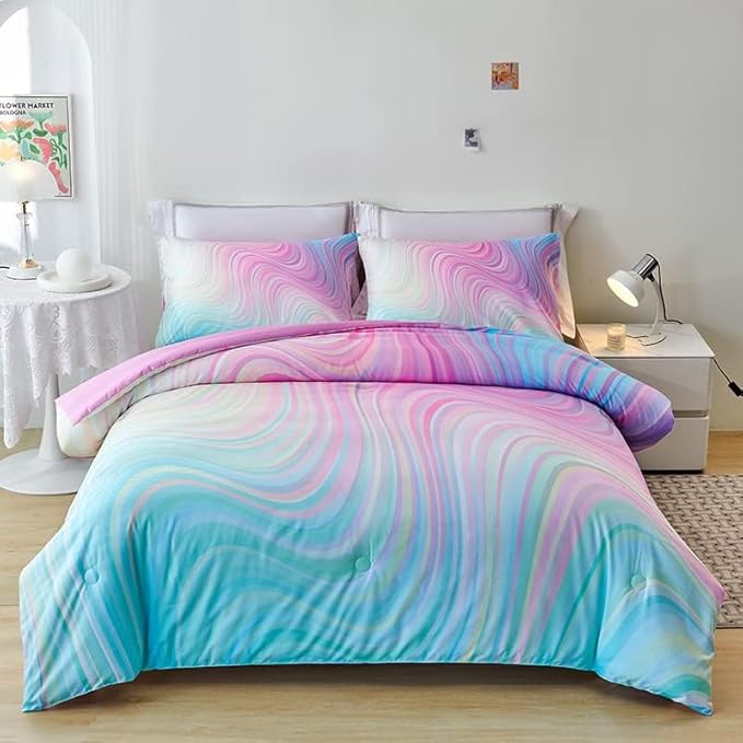 Girls Pink Comforter King,Pink Bedding Set for Girls,Tie Dye Comforter Set,Kids Comforter Set for Girl,Teen Bedding King with 2 Pillowcases,Rainbow Comforter Sets