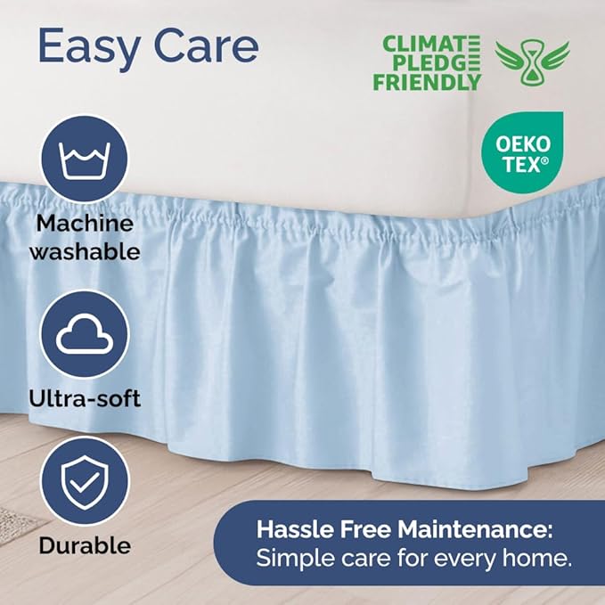 Wrap Around Dust Ruffle Bed Skirt - Sky Blue - for King Size Beds w/ 15 Inch Drop - Easy Fit Elastic Strap - Adjustable Pleated Bedskirt w/Brushed Fabric - Wrinkle Free, Women, Men, Kids & Teens