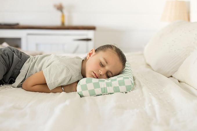 Tiny Twinkle Toddler Pillow with Fitted Pillowcase | Ergonomic Shape with Resilient, Cloud-Like Memory Foam for Comfortable Sleeping | Kids Travel Pillows (Sage Checkers)