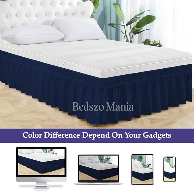 Wrap Around Bed Skirt 10" Inch Drop 100% MicrofibreFabric 1-Piece Bed Skirt Easy Fit Easy Care Fade & Wrinkle Resistant - Queen Size (60"X80"), Navy Blue Color