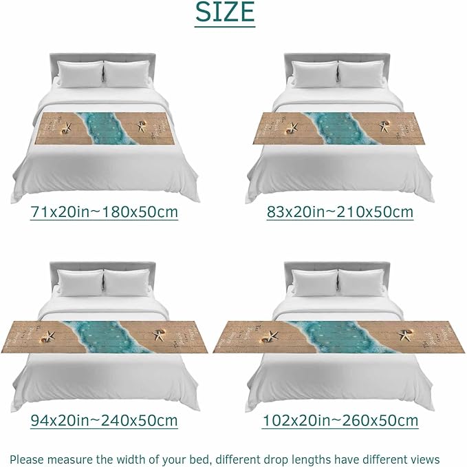 Coastal Ocean Starfish and Shell Sand Bed Runners for Bedroom Hotel,Decorative Bedding Scarf The Beach is My Happy Place Bed End Blanket Bedding Runner Scarves for Twin Size Bed,71x20in