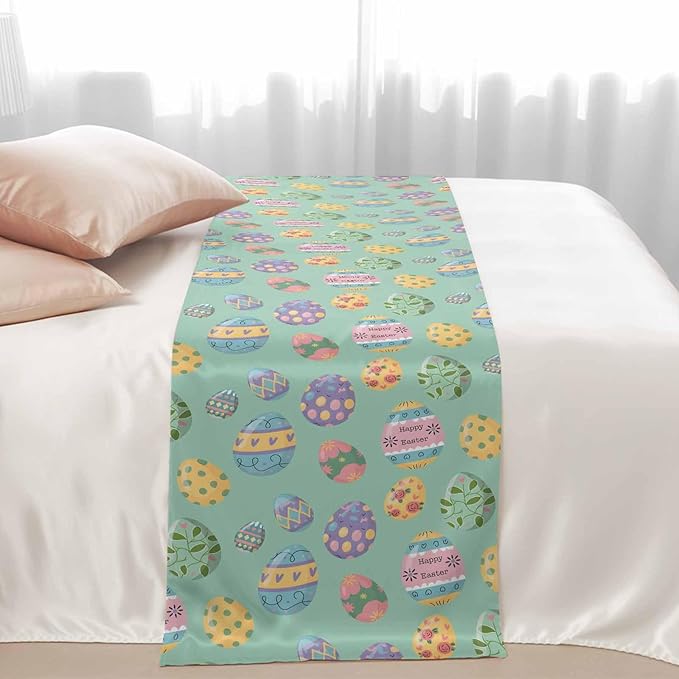 Happy Easter Eggs Bed Runners for Bedroom Hotel,Decorative Bedding Scarf Seamless Colorful Egg on Green Bed End Blanket Bedding Runner Scarves for Twin Size Beds,71x20in