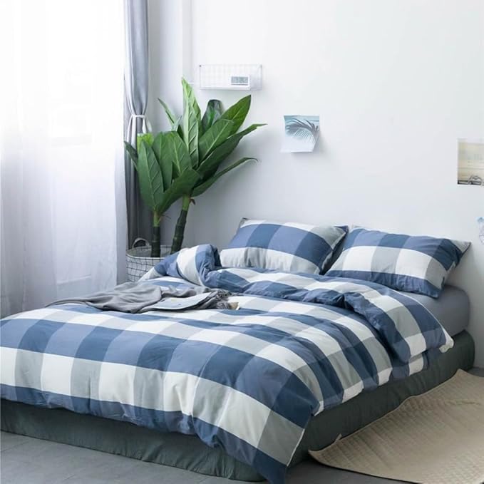LifeTB Blue White Plaid Duvet Cover Twin Modern Soft 100% Cotton Comforter Cover Simple Style Plaid Grid Duvet Cover with 2 Pillowcases Blue White Grey Checked Bedding Set Twin