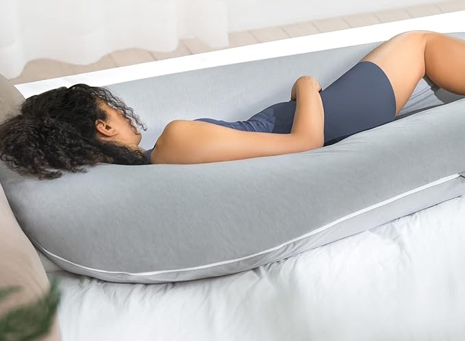QUEEN ROSE Extra Long U Shaped Body Pillow, Cooling Pregnancy Pillows for Sleeping, 65 Inch Full Body Support Maternity Pillow for Adults, Support for Back, Hip, Legs for Pregnant Women, Grey