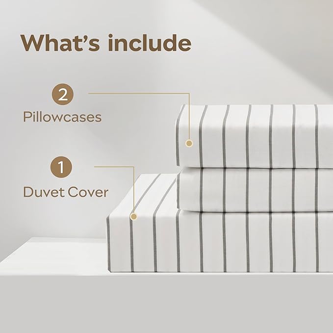 JELLYMONI Striped Duvet Cover Set - Queen Size 100% Cotton - 3PCS White & Grey Vertical Stripes Bedding - Hidden Zipper Closure & 8 Corner Ties - Breathable Comforter Cover for Bedroom