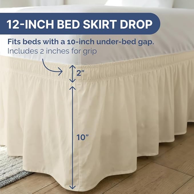 Wrap Around Dust Ruffle Bed Skirt - Off White - Twin/Twin XL Size Beds w/ 12 Inch Drop - Easy Fit Elastic Strap- Adjustable Pleated Bedskirt w/Brushed Fabric - Wrinkle Free - Women, Men, Kids & Teens