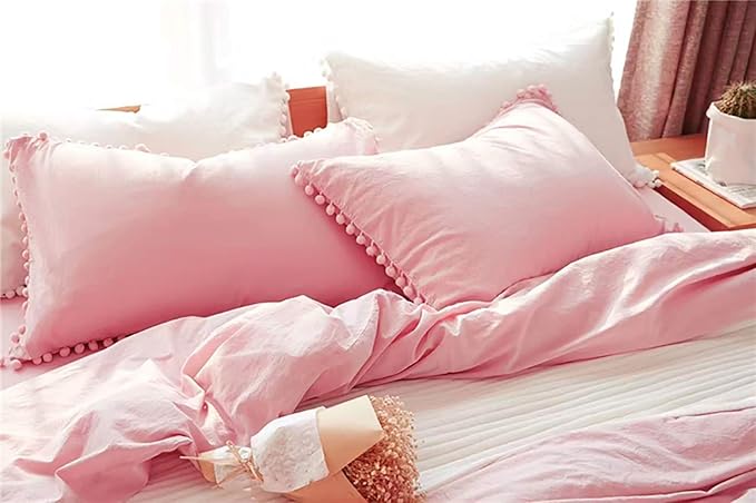 TanNicoor Pom Fringe Duvet Cover Set - 2 Piece Natural Ultra SOFE Color Washed Microfiber Bedding Set, Modern Style Down Comforter Quilt Cover with Zipper Closure(Full, Pink)