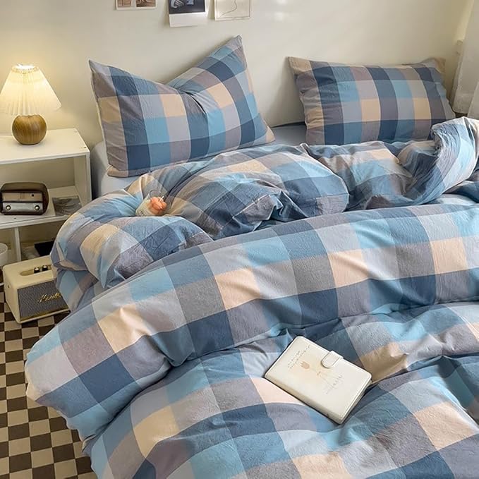 LifeTB Washed Cotton Plaid Duvet Cover King Blue Grey Plaid Grid Bedding Set King 3 Pieces Buffalo Grid Duvet Cover Modern Checkered Gingham Comforter Cover Farmhouse Bedding Set Breathable
