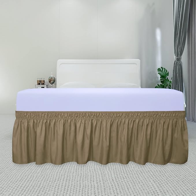 PureFit Wrap Around Ruffled Bed Skirt with Adjustable Elastic Belt - 14 Inch Drop Easy to Put On, Wrinkle Free Bedskirt Dust Ruffles, Bed Frame Cover for Queen, King and C-King Size Beds, Camel