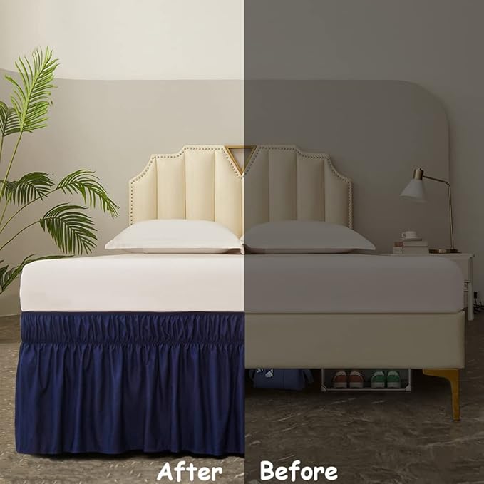 MEILA Wrap Around Bed Skirt Three Fabric Sides Elastic Dust Ruffled 24 Inch Tailored Drop,Easy to Install Fade Resistant-Navy Blue, Queen/King