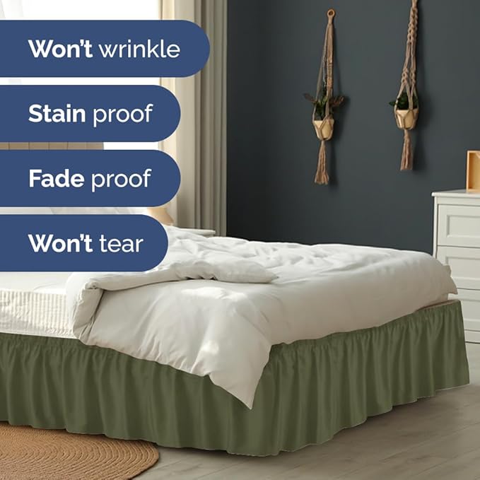 Wrap Around Dust Ruffle Bed Skirt - Sage Green - Twin/Twin XL Size Beds with 24 Inch Drop - Elastic Strap - Adjustable Pleated Bedskirt with Brushed Fabric and Wrinkle Free - Women, Men, Kids & Teens