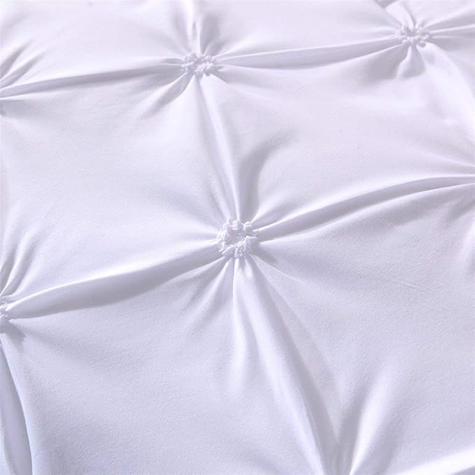 Feelyou Queen Duvet Cover Set Pinch Pleated Bedding Sets Pintuck Tufted Microfiber Polyester Luxury Comforter Cover with 2 Pillow Shams White, Solid Geometric Pattern 3 Pieces