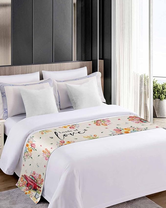Spring Flower Tulips Red Farm Truck Bed Runners for Bedroom Hotel,Decorative Bedding Scarf Love Colorful Floral Bed End Blanket Bedding Runner Scarves for California King Size Beds,102x20in