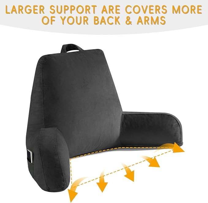 Reading Pillow for Sitting in Bed Adult, Reading Pillow with Shredded Memory Foam, Back Pillow for Bed Sitting Up with Extend Arms, Pockets, Pillow with Washable Cover,Black, X-Large