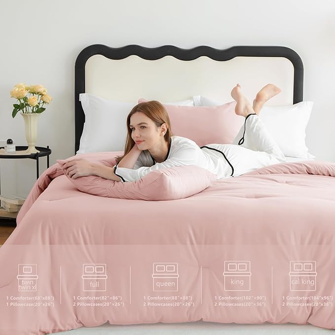 CozyLux Blush Pink King Size Comforter Set for Girls, 3 Pieces Women Solid Breathable Quilted Bedding Sets, Luxury Soft Bed Set with Down Alternative Comforter All Season (1 Comforter & 2 Pillowcases)