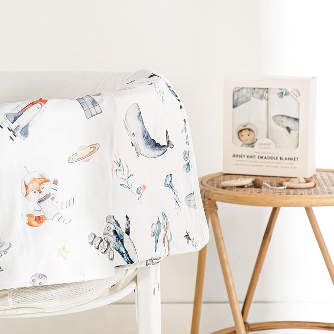 GRSSDER Reversible Baby Swaddle Blankets 2 Pack, Super Soft Jersey Knit Baby Quilt Blanket for Baby Boys, Stretchy Breathable Receiving Blankets 34 x 44 Extra Large for Swaddling, Sea Fish & Space