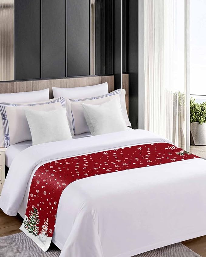 Christmas Tree Snowflakes Snowman Bed Runners for Bedroom Hotel,Decorative Bedding Scarf Red White Green Bed End Blanket Bedding Runner Scarves for Full Size Bed,83x20in