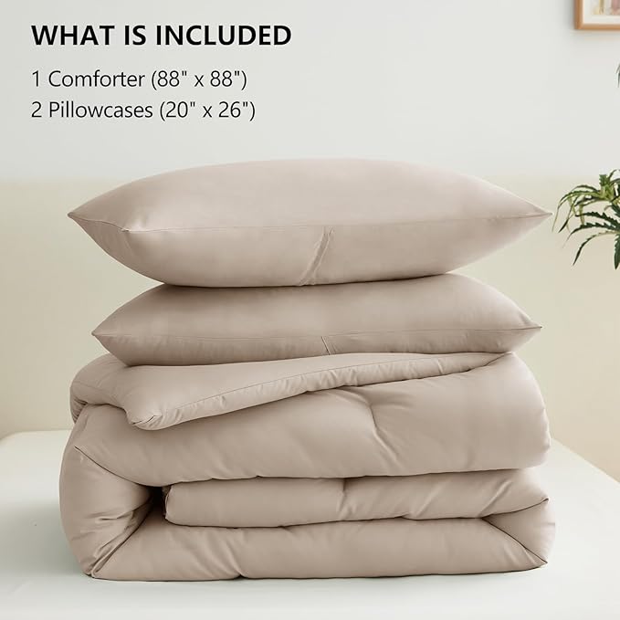 CozyLux Queen Comforter Set Wheat, 3 Pieces Solid Queen Comforter Breathable Quilted Bedding Sets, Luxury Soft Bed Sets with Down Alternative Comforter for All Season (1 Comforter & 2 Pillowcases)