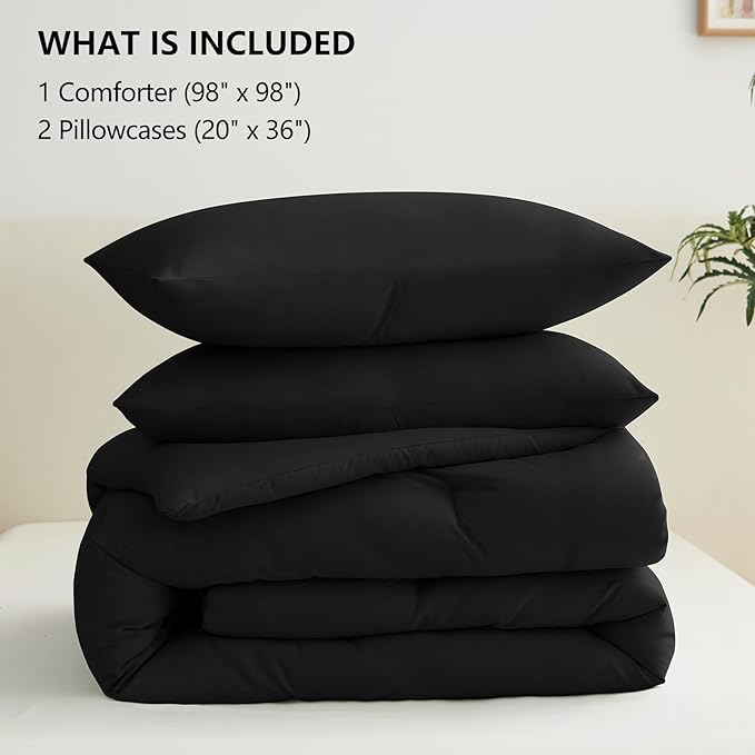 CozyLux Oversized Queen Comforter Set Black, 3 Pieces 98x98 Solid Breathable Quilted Style Bedding Sets All Season, Luxury Soft Down Alternative Comforter Bed Set (1 Comforter & 2 Pillowcases)