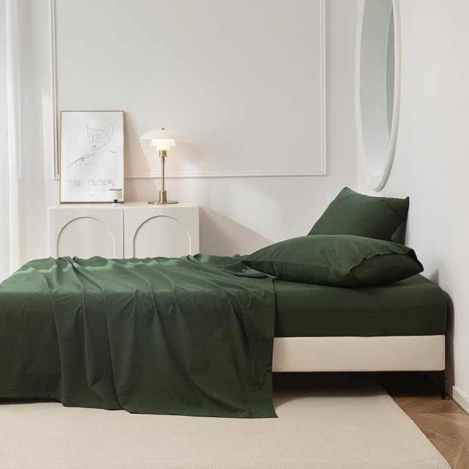 JIYUAN 100% Washed Cotton Sheet Set 4 Pieces King,1 Fitted Sheet,1 Flat Sheet and 2 Pillowcases,Comfy and Breathable Linen Like Bedding Set,Forest Green