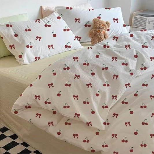 Nayoroom Red Cherry Duvet Cover Queen Size Cute Bow Duvet Cover 3 Pieces Soft Lightweight Microfiber Girls Aesthetic Dorm Bedding Set with Zipper Closure