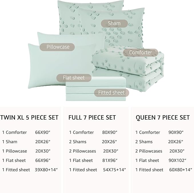 Geniospin Sage Green Queen Comforter Set for Girls- 7 Pieces Pom Tufted Bed in A Bag Twin Bedding Sets with Sheets, Pillowcases & Shams, All Season Kids Comforter Set