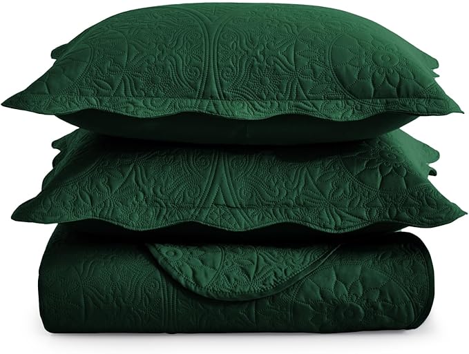 MOONLIGHT20015 King Quilt Bedding Set Size (106" x 96") + 2 Pillow Shams (20" x 36"+ 2") - 3 Pcs All Season Lightweight Reversible Quilt Bedspread Microfiber Floral Embossed Coverlet (Emerald)