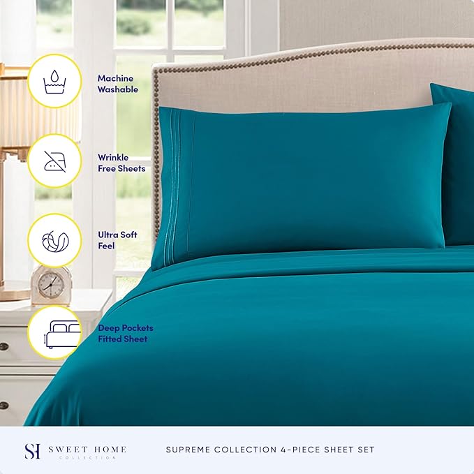 Split King Sheets - Breathable Luxury Sheets with Full Elastic & Secure Corner Straps Built In - 1800 Supreme Collection Extra Soft Deep Pocket Bedding Set, Sheet Set, Split King Size, Teal
