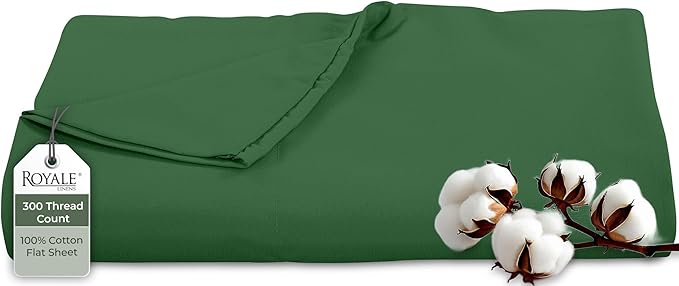 Royale Linens 300 Thread Count 100% Long Staple Combed Cotton Flat Sheet - Super Soft- Top Sheets- Twin Flat Sheet Sold Separately - Breathable, Cool & Crisp Percale Sheets Only (Twin, Hunter Green)