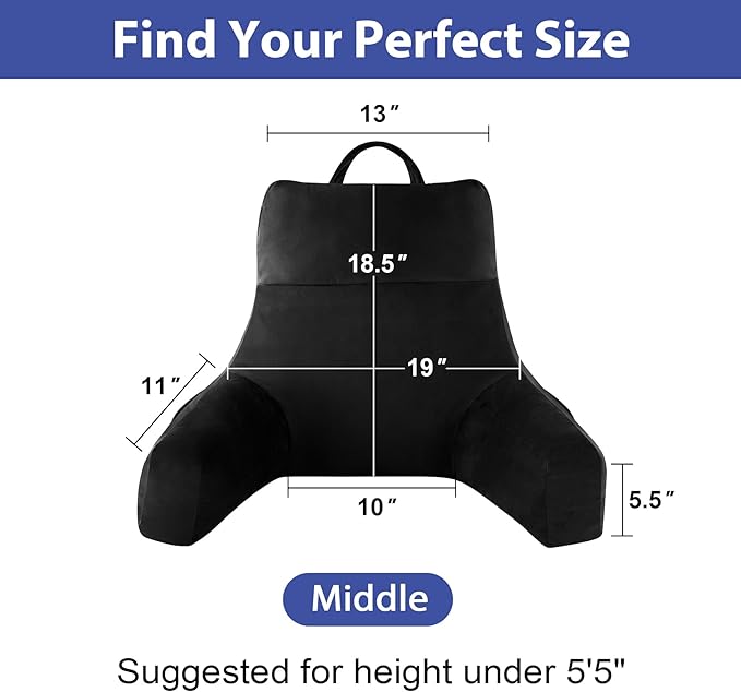 Back Pillow for Bed Sitting up, Reading Pillow for Sitting in Bed Adult, Back Support Pillow, Memory Foam Sit up Lounge Backrest Pillow with Arms for TV, Couch, Chair, Dorm, 18 Inch, Black