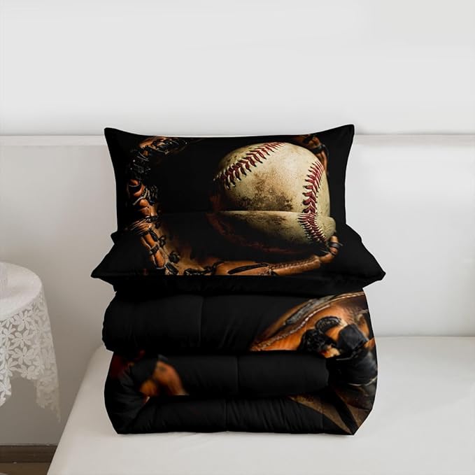 Erosebridal Baseball Comforter Set Queen Size Sports Game Bedding Baseball Player Duvet Insert for Kids Boys Teens Retro Style Quilt for Room Dorm Decorative, Brown Down Comforter