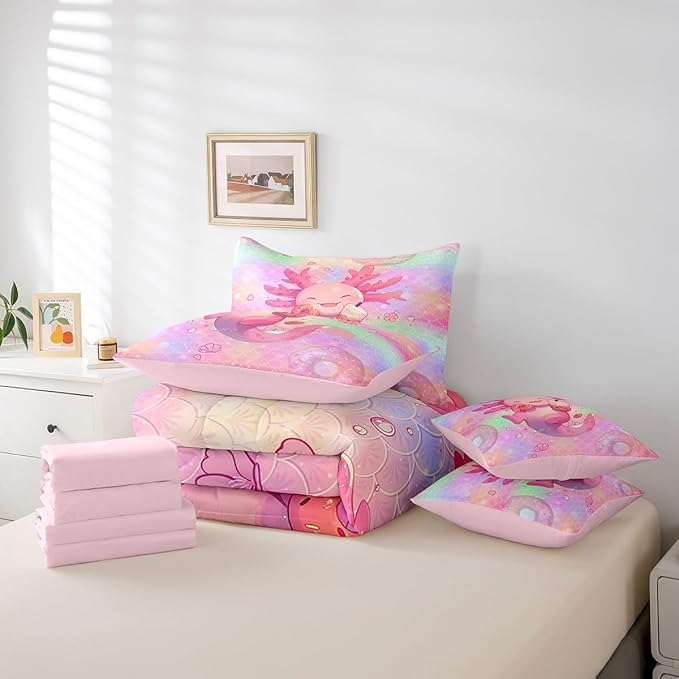 Feelyou Kids Cute Axolotl Comforter Set with Sheets King Size, Cartoon Salamander 7 Pieces Bedding Set Boys Girls Kawaii Ocean Sealife Bed in A Bag Rainbow Teens Bed Set Bedroom Decor 7Pcs