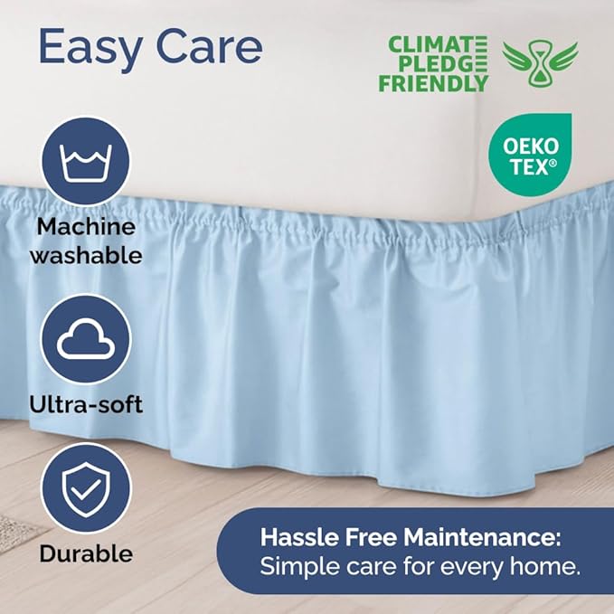 Wrap Around Dust Ruffle Bed Skirt - Light Blue - for King Size Beds with 24 Inch Drop - Elastic Strap - Adjustable Pleated Bedskirt with Brushed Fabric and Wrinkle Free - for Women, Men, Kids & Teens
