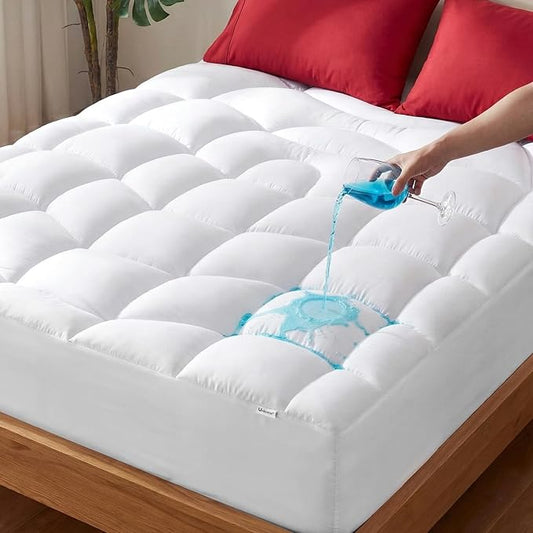Unikome Full Mattress Pad Waterproof, Eco-Friendly Ergonomic Quilted Fitted Full Mattress Topper for Guest Room, Apartments, Noiseless and Machine Washable (White, 54x75)