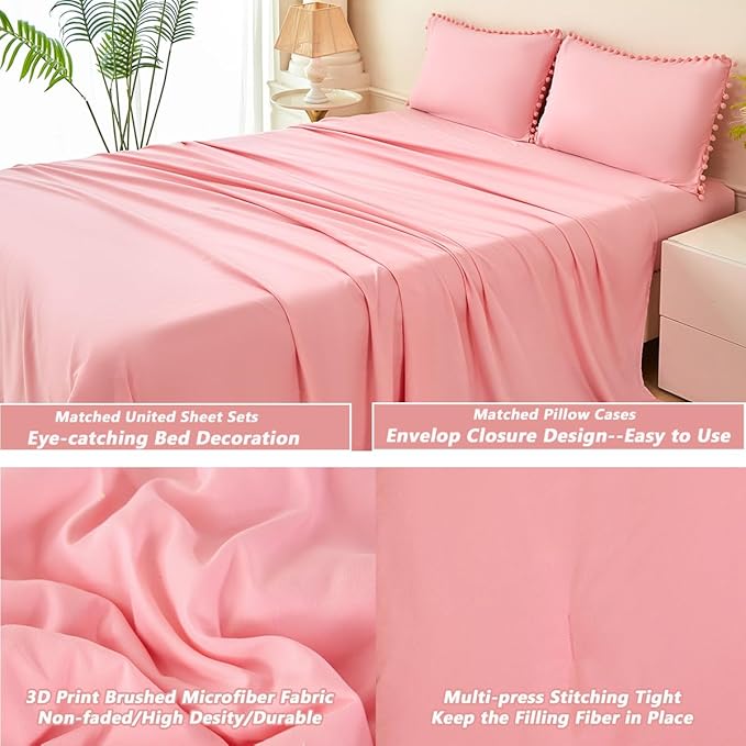 PERFEMET Full Size Bed in A Bag Coral Pink 5 Pieces Pom Pom Comforter Set with Sheets for Girls Kids Teens Soft All Season Fluffy Boho Bedding Set for Bedroom(Coral Pink, Full)