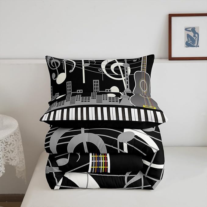 Erosebridal Paino Keys Bedding Set Full Size Musical Notes Comforter Set Guitar Rock Music Bedding Comforter for Kids Boys Teens Men Retro Black White Grey Quilt Duvet Bedroom Decor 3 Piece