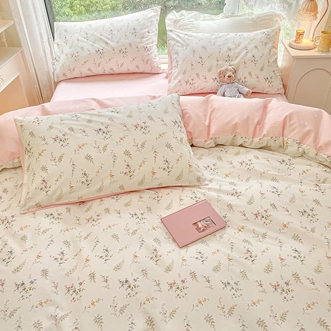 Nayoroom Floral Duvet Cover Full Size Girls Pink White Botanical Flower Coquette Bedding Set 3 Pieces Soft Breathable Garden Cottagecore Aesthetic Comforter Cover with Pillow Shams