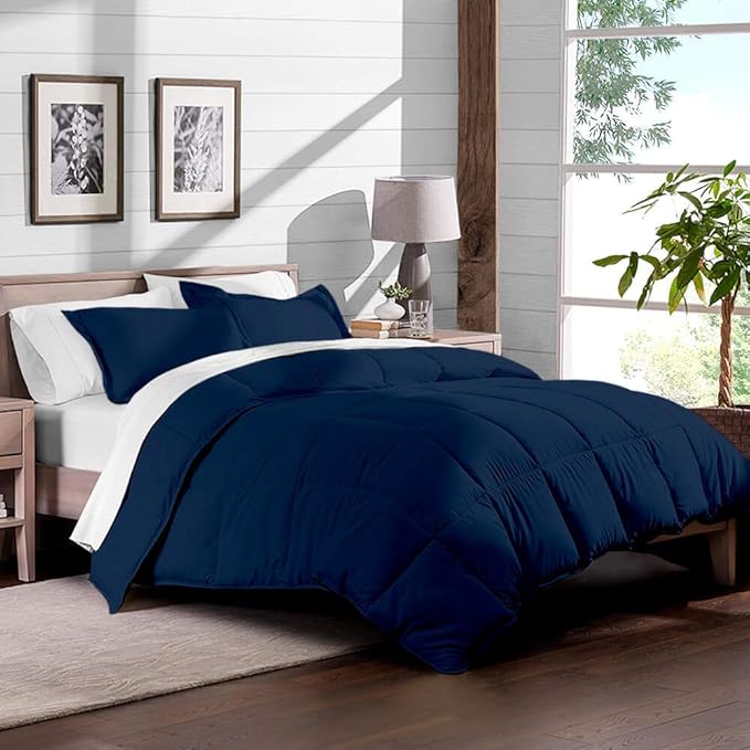 H&H Decor Luxurious & Super Soft 1 Piece Comforter 300 GSM & 4 Pcs Sheet Set 100% Egyptian Cotton 1000 Thread Count Pattern Solid (Full, Navy Blue,Solid)