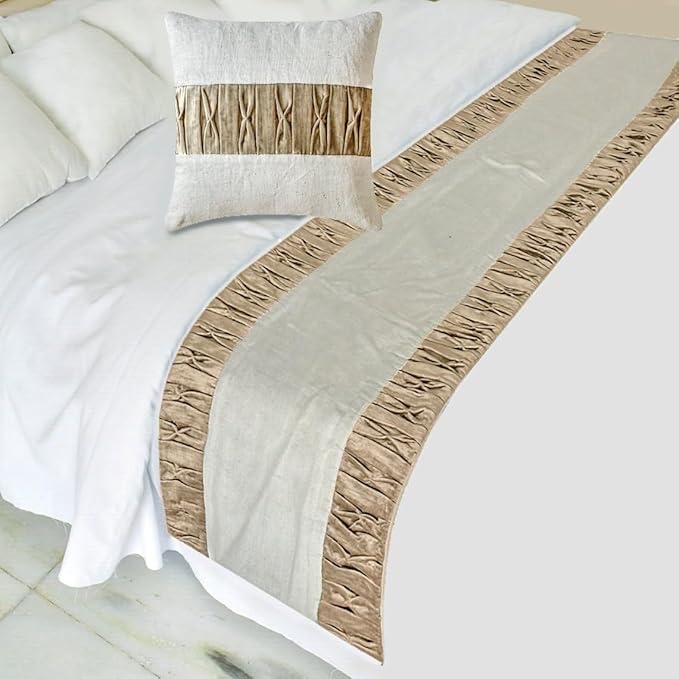 The HomeCentric King/Queen/Twin Brown Luxury CA King 86"x18" Bed Runner with Two Pillow Cover, Patchwork, Pintucks Bed Scarf on Velvet Fabric - Cascade Pleats
