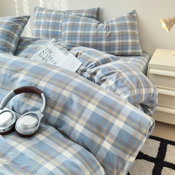 LifeTB Blue Plaid Duvet Cover Set King Washed Cotton Reversible Plaid Bedding Set King Modern Buffalo Grid Duvet Cover with 2 Pillowcases for Men Women Checkered Gingham Duvet Cover King Size