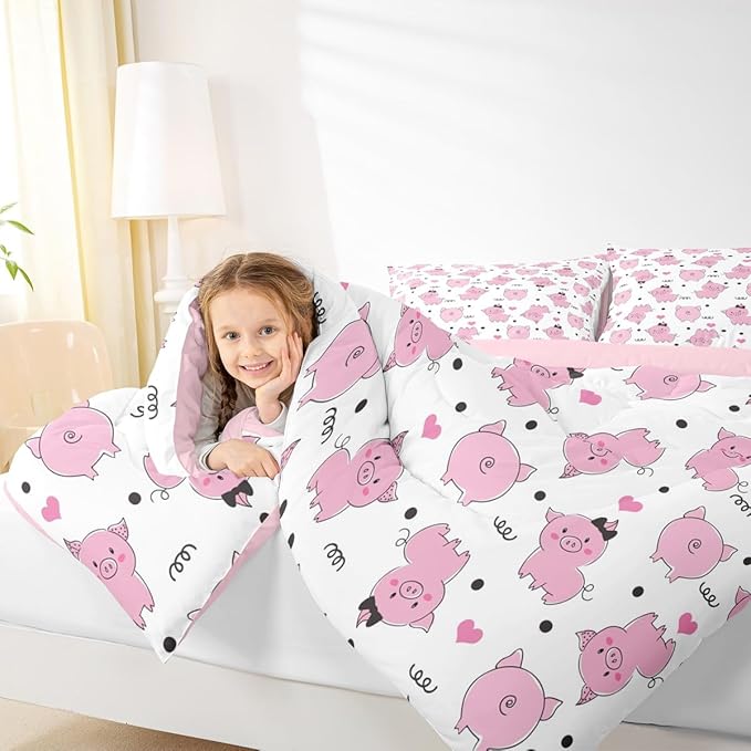 Erosebridal Pink Pig Comforter Set for Girls Kawaii Room Decor King,Cute Pigs Bedding Set for Kids Boys Children Farm Animal Quilted Duvet Sets Cartoom Style Soft Lightweight Down Comforter 3 Pcs