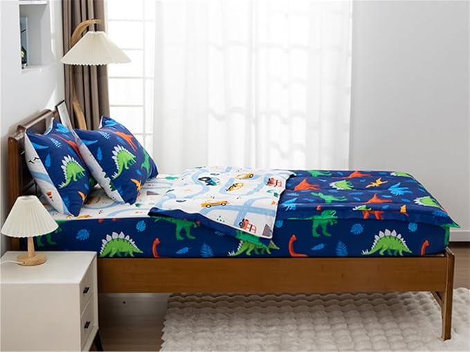 NTBED Dinosaur Printed Zipper Bedding Sets Twin Lightweight Microfiber Leaf Comforter Set with Fitted Sheet Pillow Covers,Blue