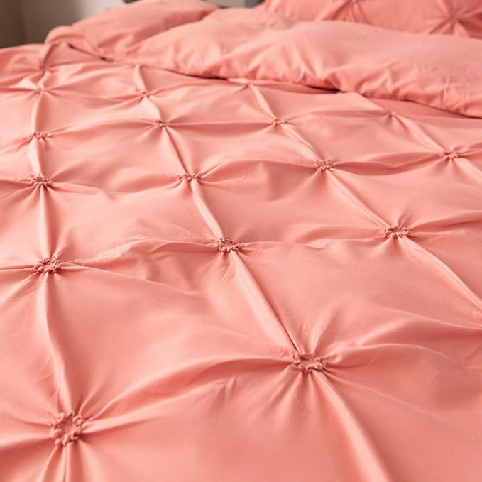Feelyou Pinch Pleated Bedding Set Pintuck Comforter Cover Twin with Zipper Closure Luxurious Pintuck Tufted Duvet Cover for Kids Girls Solid Pink Microfiber Bedspread Cover with 1 Pillow Shams Cute