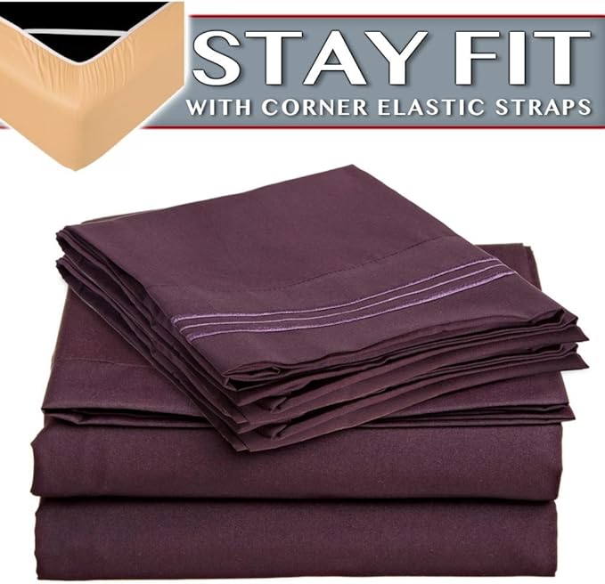 Clara Clark 2000 Series Bed Sheet Sets - Stay fit on mattress with elastic straps at corners - Queen, Purple Eggplant